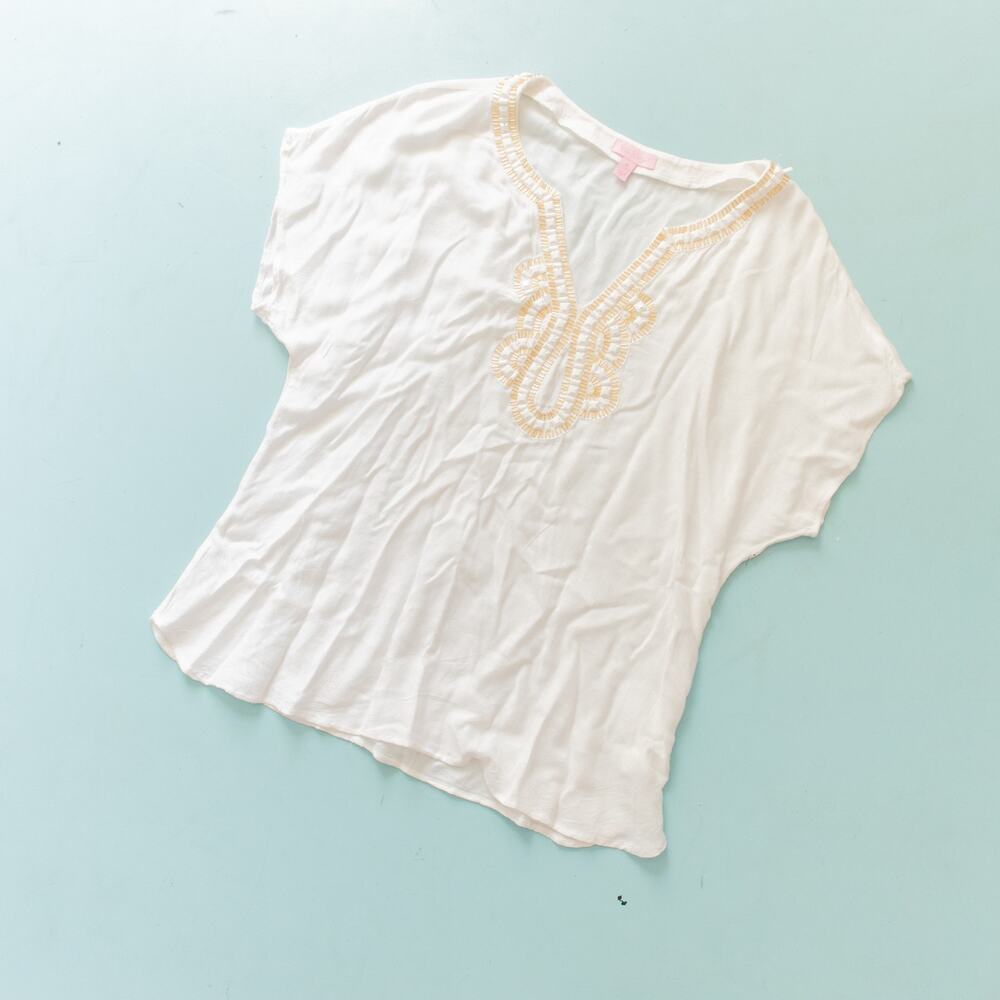 Lilly Pulitzer Valencia White Gold Beaded Neck Short Sleeve Top Size Medium M
